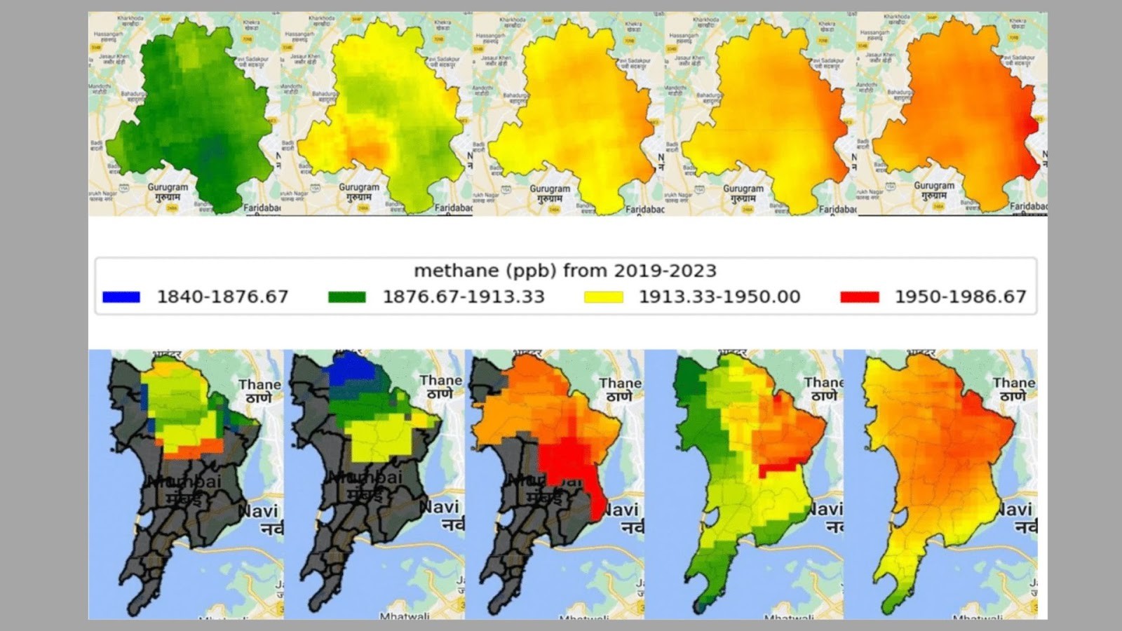 Image of methane cover over Delhi and Mumbai over last few years indicating rising concentrations. Credits: Authors of the study