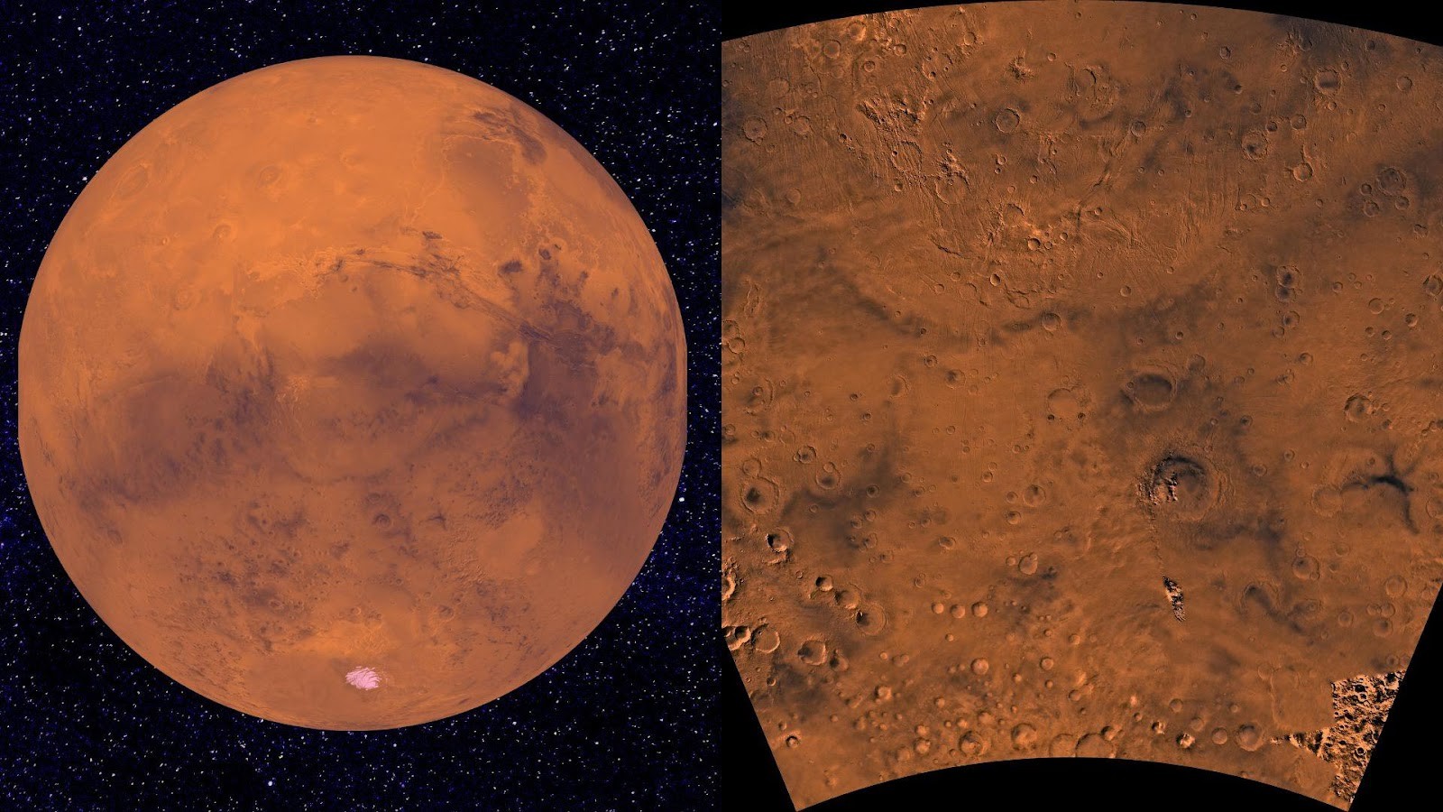 Left: Mars. Right: A section of the Thaumasia highlands. Image Credit: https://photojournal.jpl.nasa.gov/jpeg/PIA00185.jpg