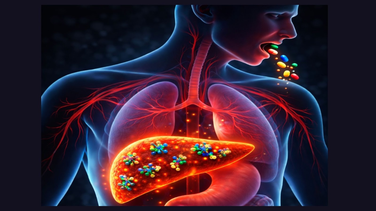 Graphical representation of pills entering through the mouth and subsequent drug–liver interactions. Credits: Generated using OpenAI image generation tools and adapted by the authors of the study