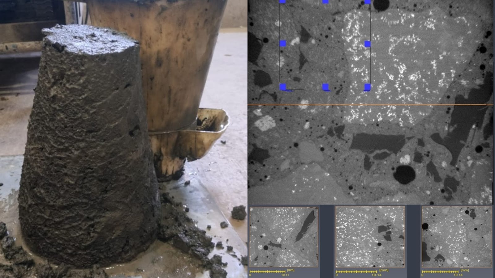 Left: RubCrete being moulded. Right: Scanned images showing the structure of Rubcrete. Credit: Prithvendra Singh